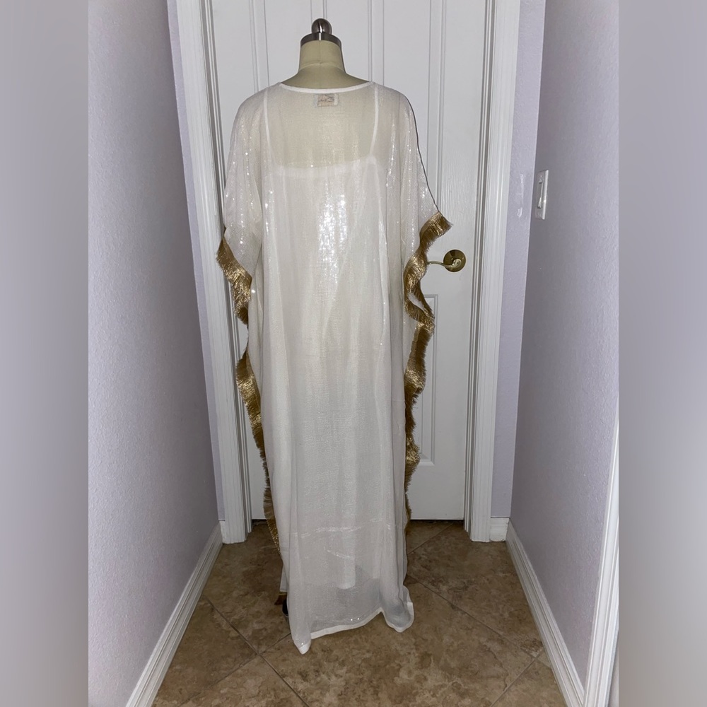 SAMA SITARA White Sequin/Gold Fringe Caftan/Dress - Picture 2 of 5
